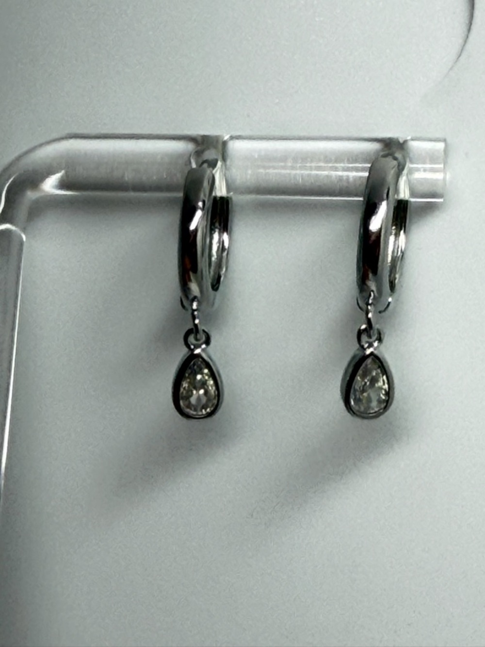925 Sterling-Style Silver Hoop Earrings with Teardrop Clear Crystal Drops